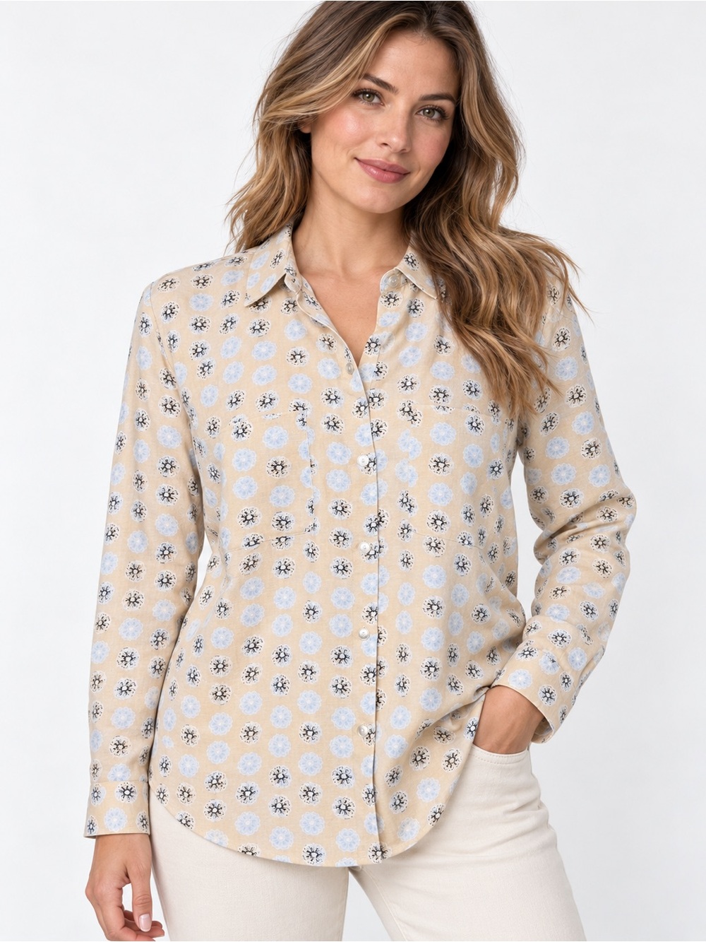 Charter Club Linen Cotton Floral Button Down Shirt Women’s Large